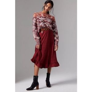 Anthropologie Pauline Midi Sweater Skirt Red Ruffle Red Maroon Wine Plus